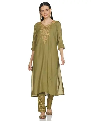 BIBA WOMEN SOLID; EMBROIDRED STRAIGHT SALWAR KURTA DUPATTA(SKDASSORTED8817E_SAP GREEN_40) SaumyasStore