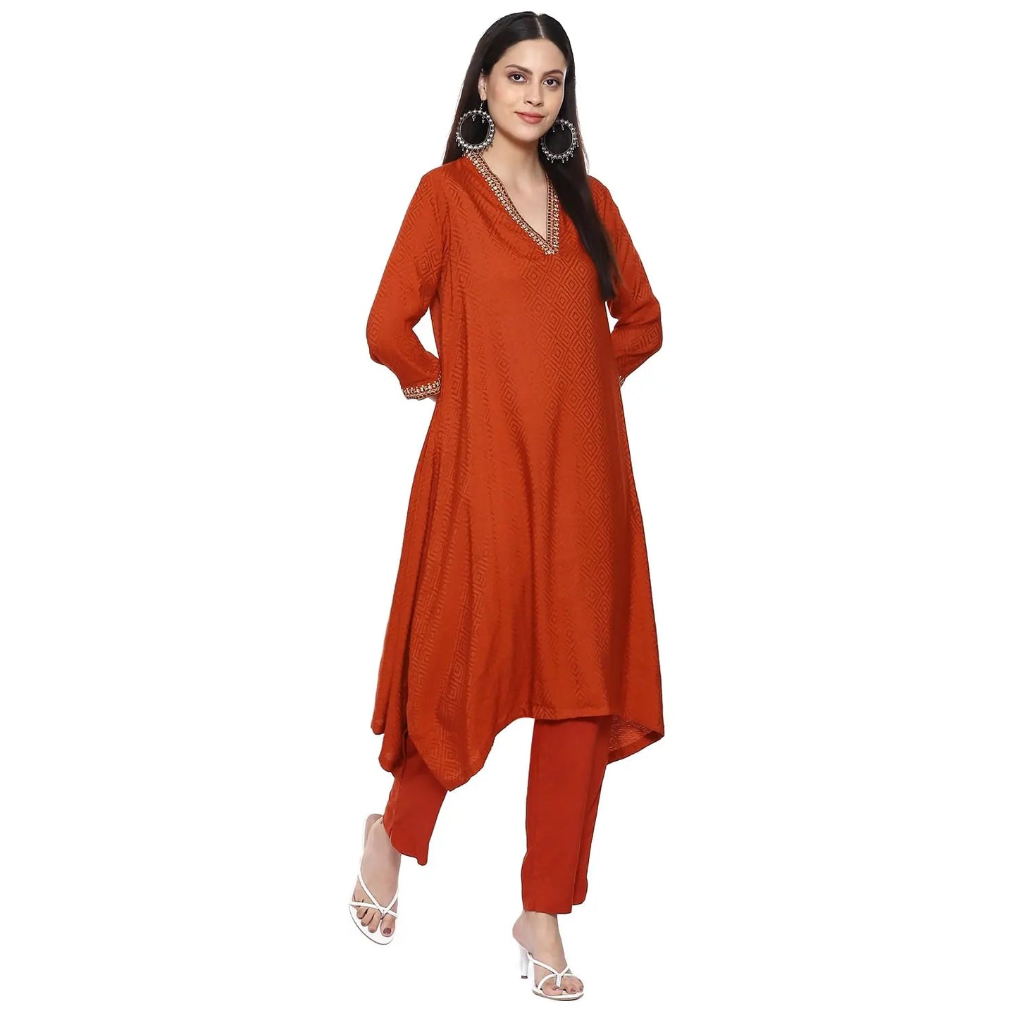 BIBA WOMEN YARNDYED ASYMMETRIC SALWAR KURTA DUPATTA(SKDKALAMKAR9002_BURNT ORANGE_42) SaumyasStore