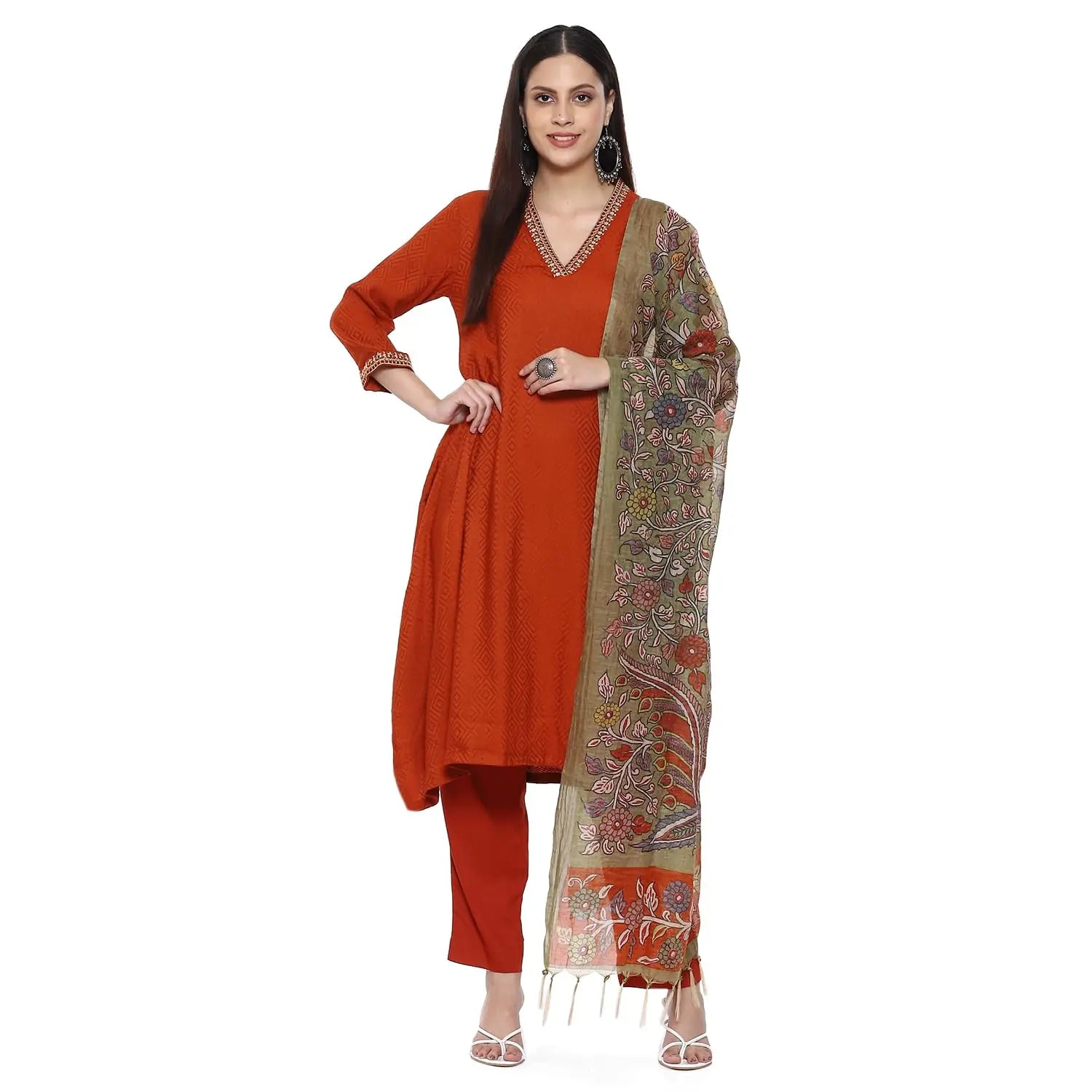 BIBA WOMEN YARNDYED ASYMMETRIC SALWAR KURTA DUPATTA(SKDKALAMKAR9002_BURNT ORANGE_42) SaumyasStore