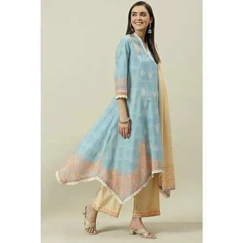 BIBA Women Cotton Kalidar Printed Suit Set (SKD7882EAW21PALEBLU_Pale Blue SaumyasStore