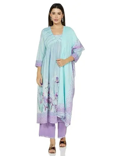 BIBA Women Cotton Printed Suit Set (SKDBOTANICAL9274SS24AQUBLU_Aqua Blue SaumyasStore