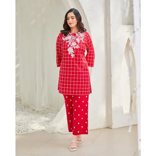 BIBA Women Cotton Straight Self Design Ethnic Set (SKD9841SS24RED_Red SaumyasStore