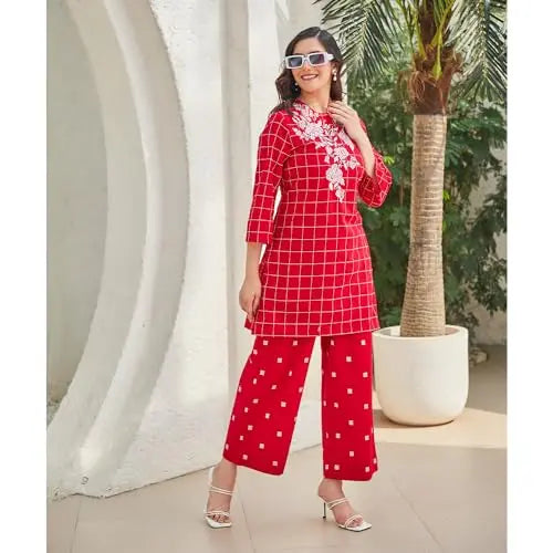 BIBA Women Cotton Straight Self Design Ethnic Set (SKD9841SS24RED_Red SaumyasStore