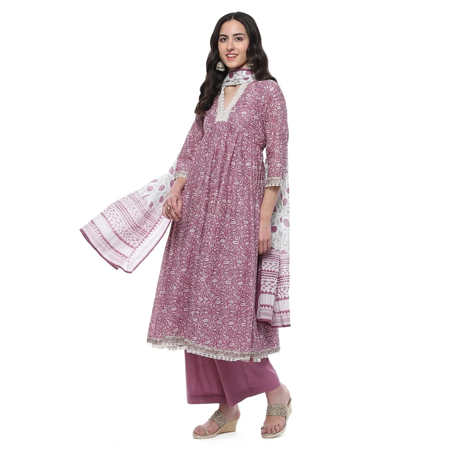 BIBA Women PRINTED ANARKALI SALWAR KURTA DUPATTA(SKDSANGANER9556_PINK_38) SaumyasStore