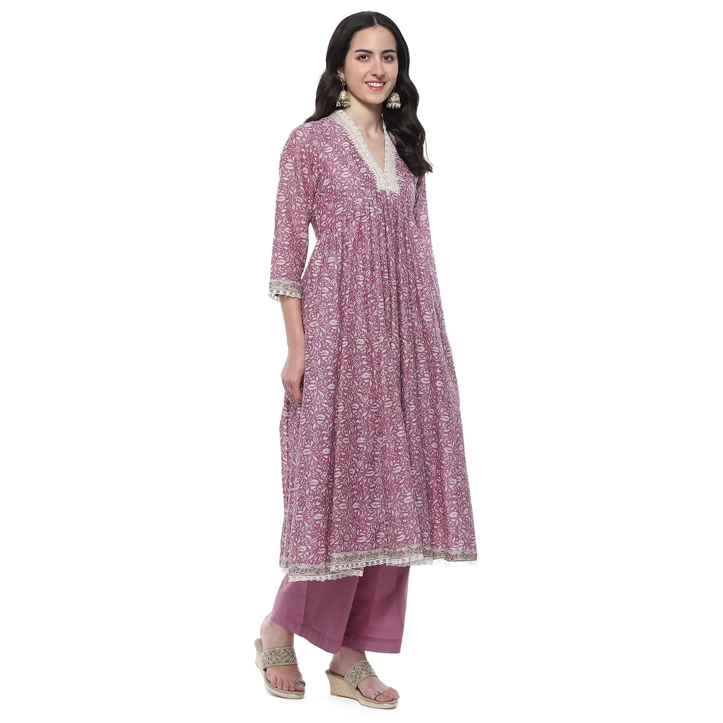 BIBA Women PRINTED ANARKALI SALWAR KURTA DUPATTA(SKDSANGANER9556_PINK_38) SaumyasStore