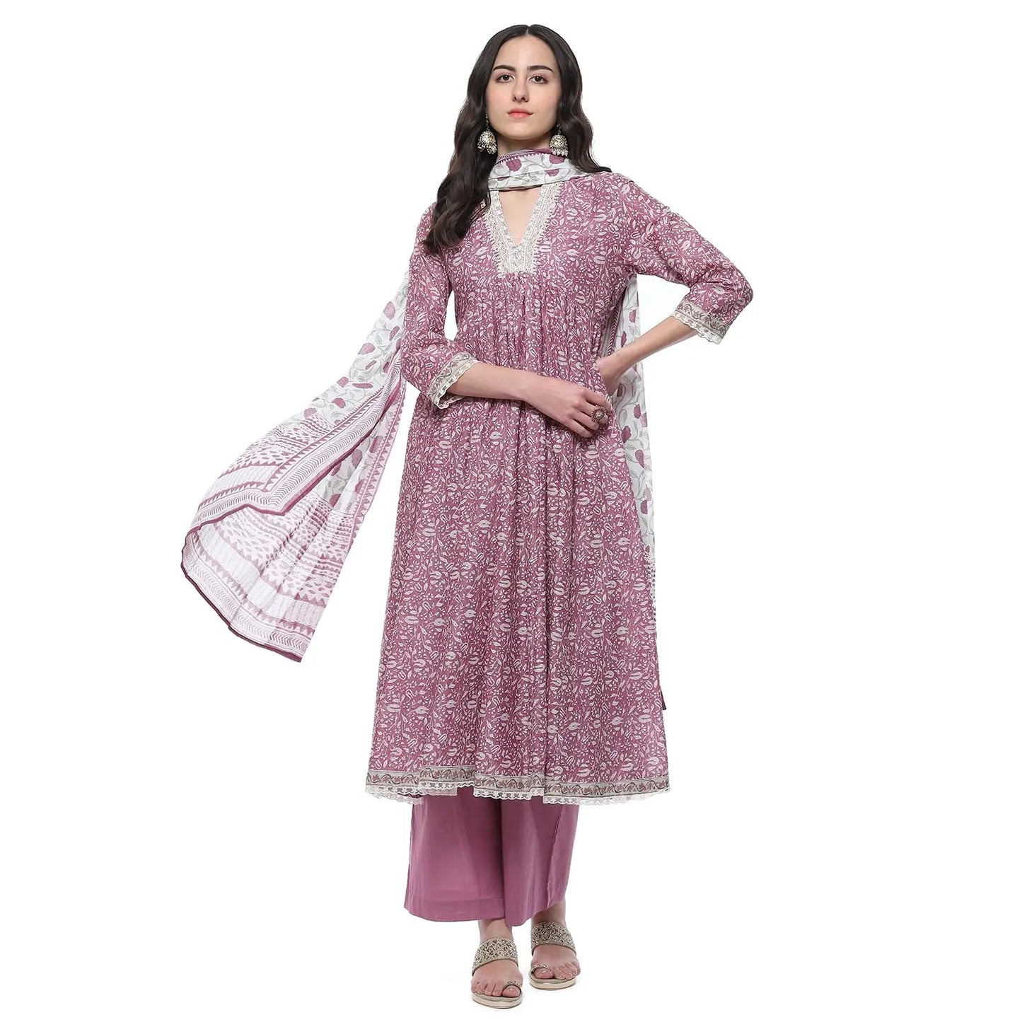 BIBA Women PRINTED ANARKALI SALWAR KURTA DUPATTA(SKDSANGANER9556_PINK_38) SaumyasStore
