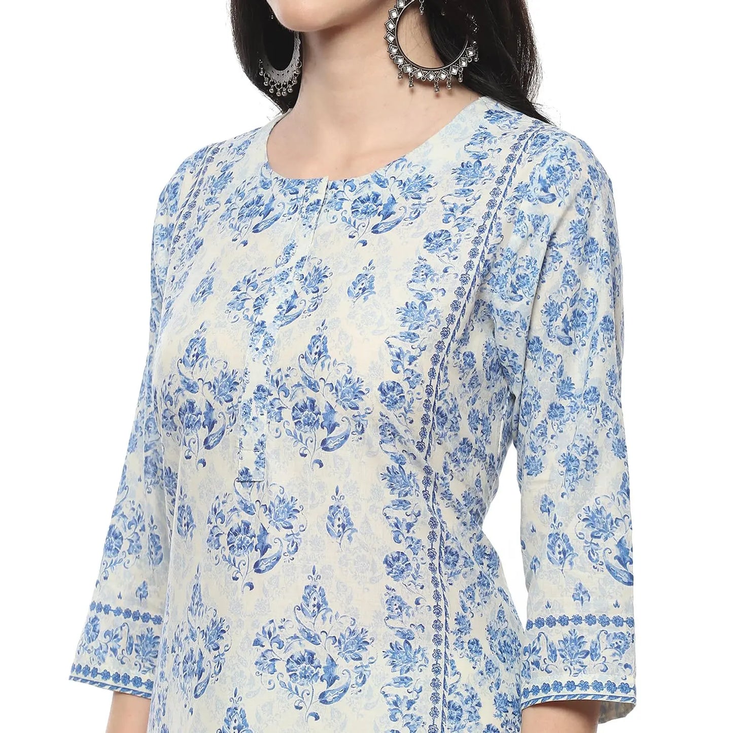 BIBA Women PRINTED STRAIGHT SALWAR KURTA DUPATTA(SKDAMBER9673_OFF WHITE/BLUE_34) SaumyasStore