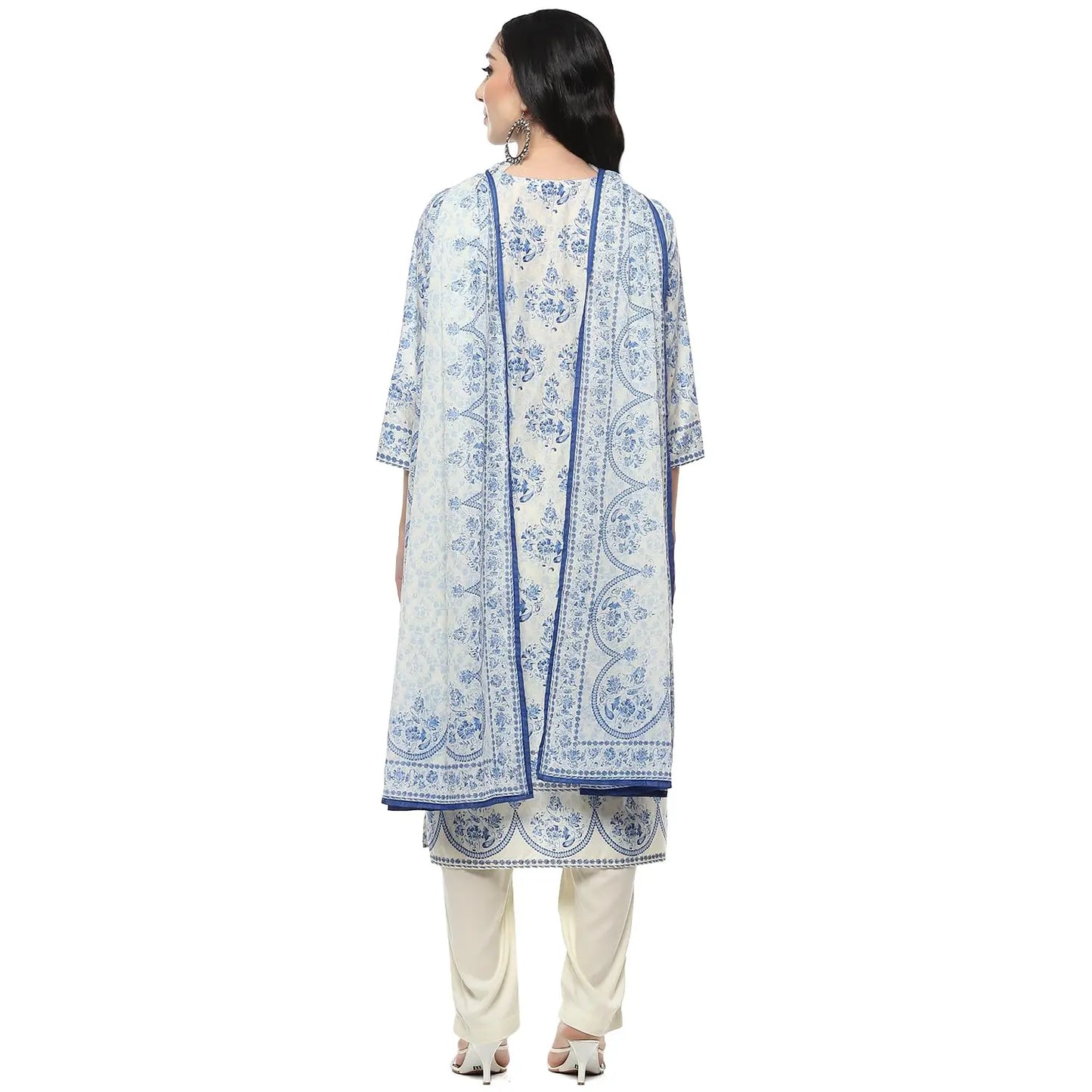 BIBA Women PRINTED STRAIGHT SALWAR KURTA DUPATTA(SKDAMBER9673_OFF WHITE/BLUE_34) SaumyasStore
