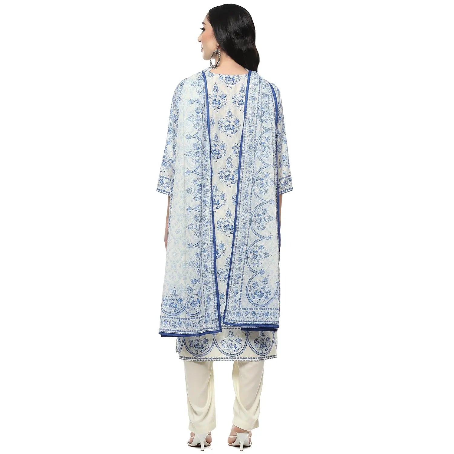 BIBA Women PRINTED STRAIGHT SALWAR KURTA DUPATTA(SKDAMBER9673_OFF WHITE/BLUE_34) SaumyasStore