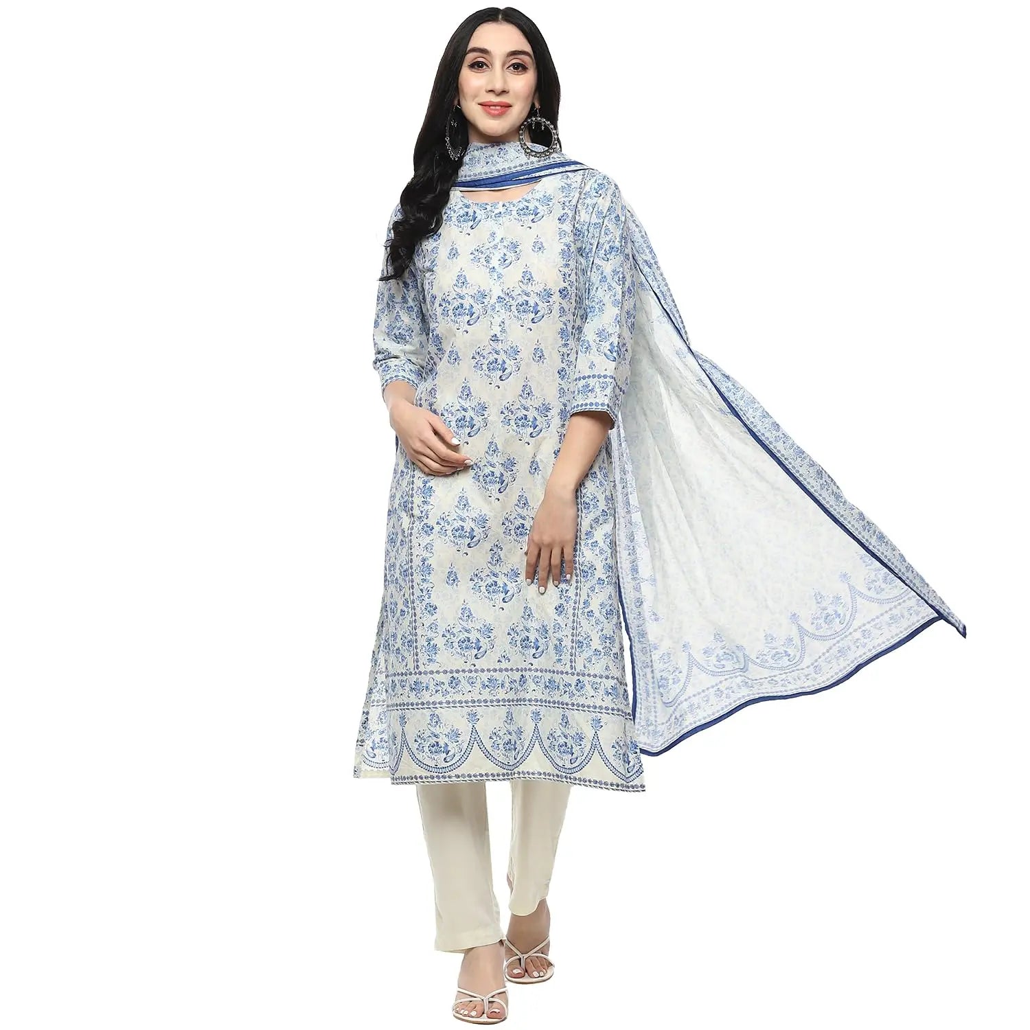 BIBA Women PRINTED STRAIGHT SALWAR KURTA DUPATTA(SKDAMBER9673_OFF WHITE/BLUE_34) SaumyasStore