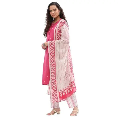 BIBA Women's Cotton Kurta,Pant,Stole (SKDASSORTED7367EAW24PINK SaumyasStore