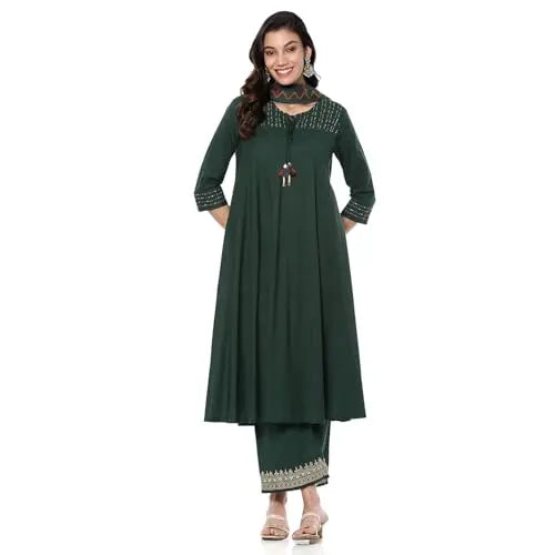 BIBA Women's Cotton Kurta (SKDKANKAR10008AW24DGRN_Dark Green SaumyasStore