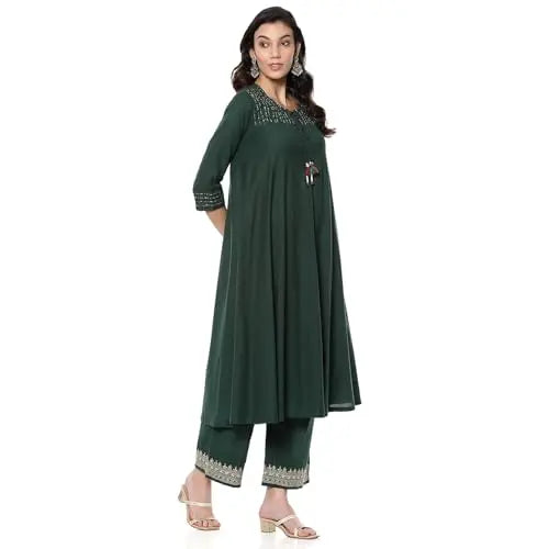 BIBA Women's Cotton Kurta (SKDKANKAR10008AW24DGRN_Dark Green SaumyasStore