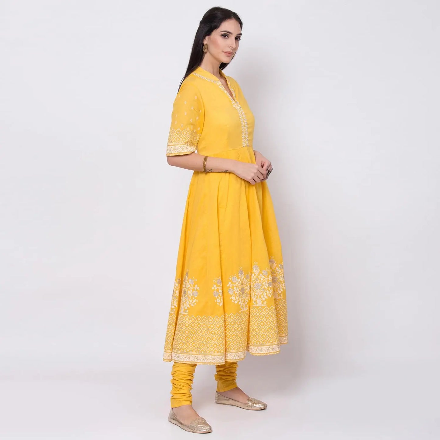 BIBA Women's Cotton Printed Fitted Salwar Kurta Dupatta (Skdassorted5919E_Yellow_36) SaumyasStore