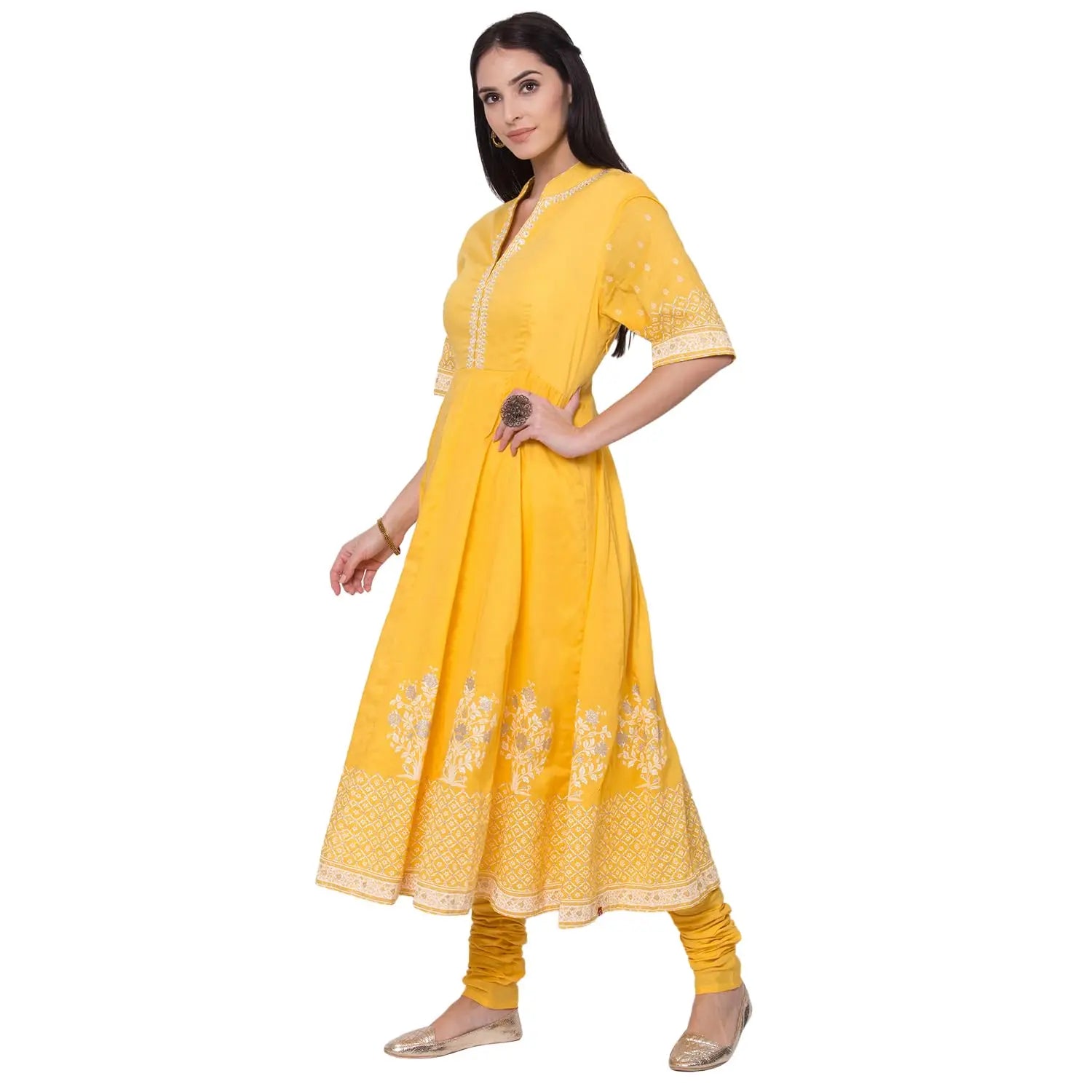 BIBA Women's Cotton Printed Fitted Salwar Kurta Dupatta (Skdassorted5919E_Yellow_36) SaumyasStore