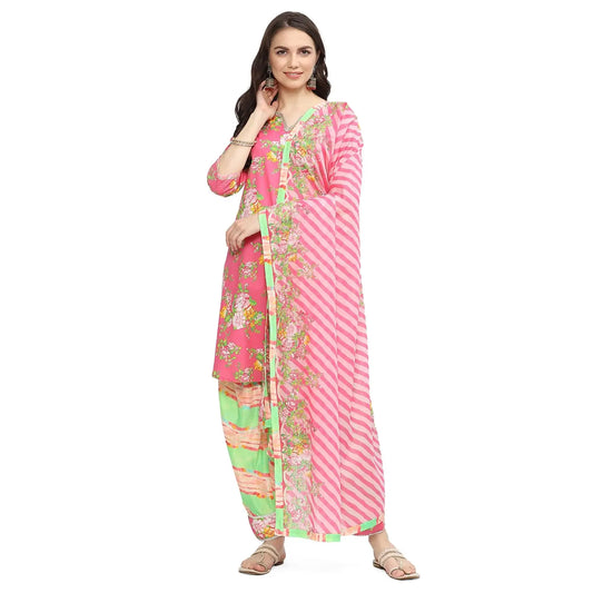 BIBA Women's Cotton Printed Straight Salwar Kurta Dupatta (Skdrang8934_Pink - Green_42) SaumyasStore
