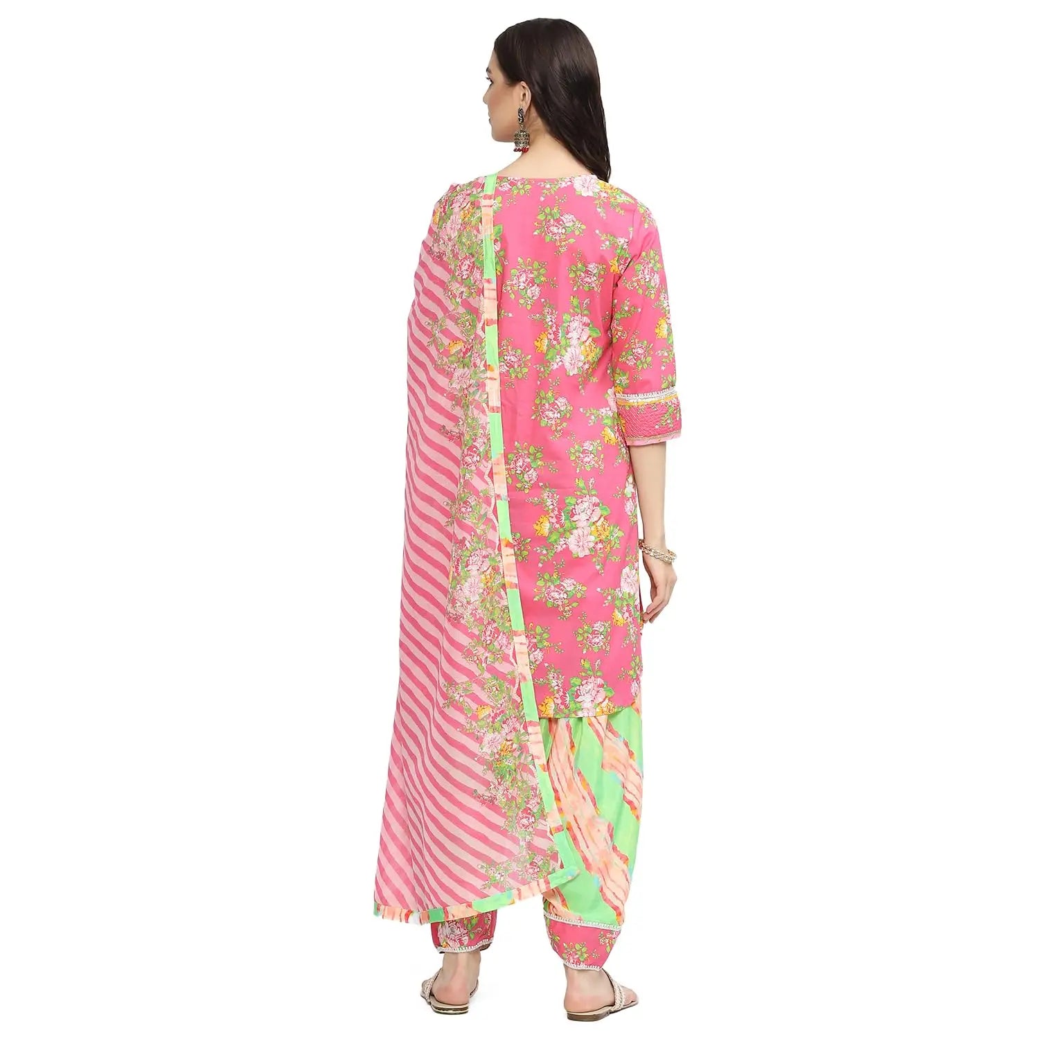 BIBA Women's Cotton Printed Straight Salwar Kurta Dupatta (Skdrang8934_Pink - Green_42) SaumyasStore
