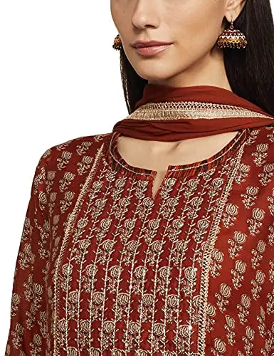 BIBA Women's Polyester Printed Straight Salwar Kurta Dupatta (Skd7631_Terracotta_40) SaumyasStore