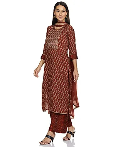 BIBA Women's Polyester Printed Straight Salwar Kurta Dupatta (Skd7631_Terracotta_40) SaumyasStore