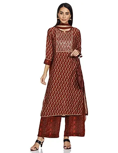 BIBA Women's Polyester Printed Straight Salwar Kurta Dupatta (Skd7631_Terracotta_40) SaumyasStore