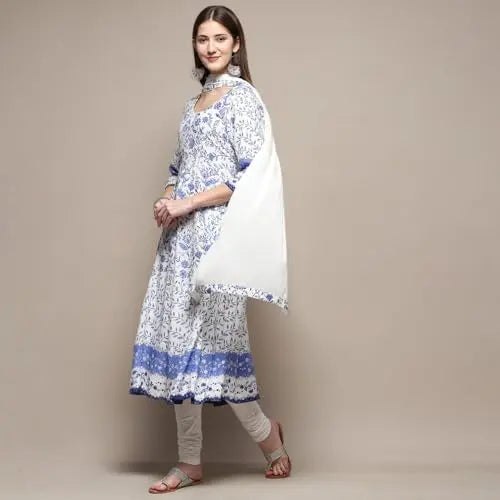 BIBA Women's Rayon Suit Set (SKDASRTD8777ESS23WHTBLU_White-Blue SaumyasStore