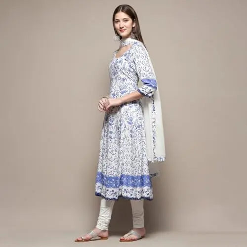 BIBA Women's Rayon Suit Set (SKDASRTD8777ESS23WHTBLU_White-Blue SaumyasStore