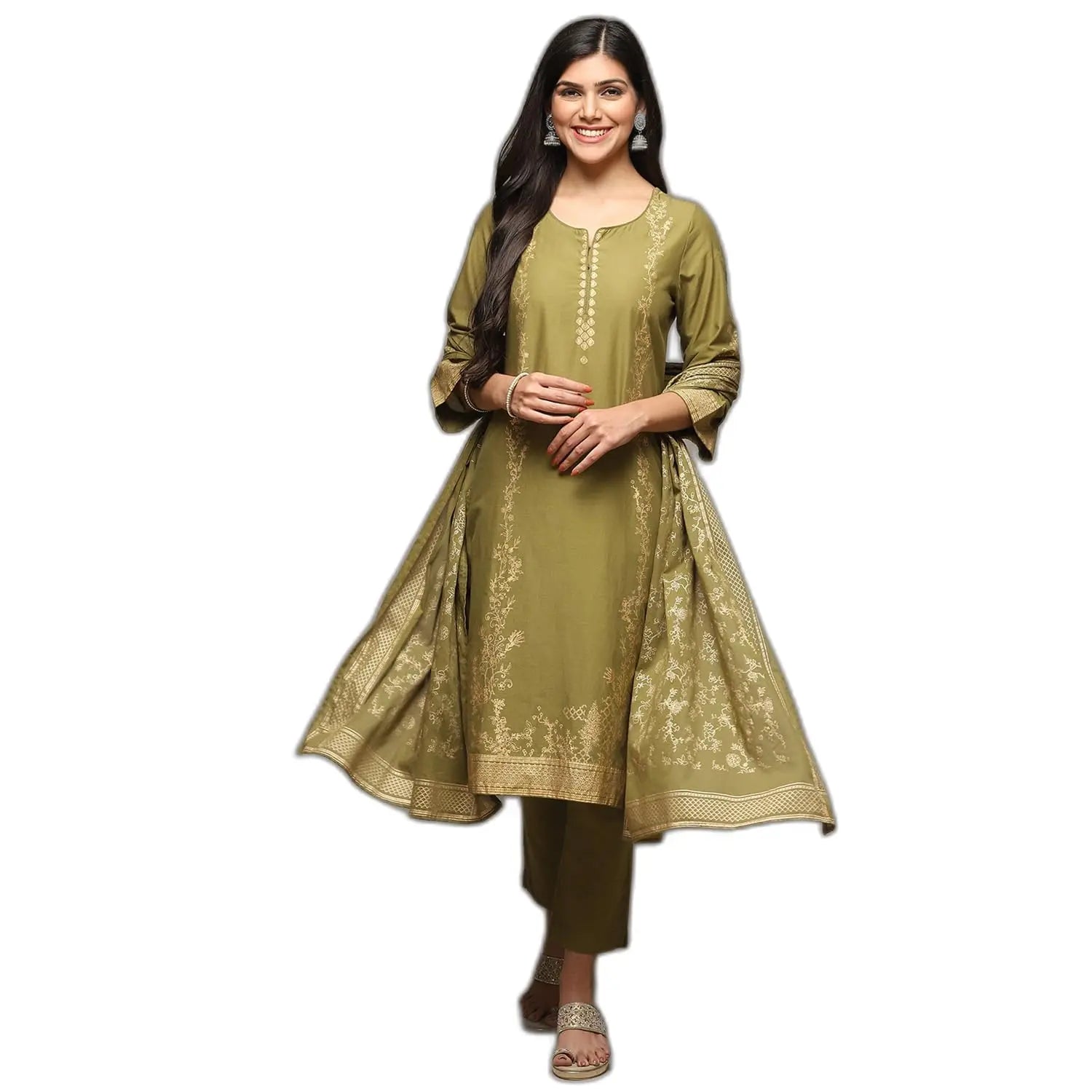 BIBA Womens Cotton Women Printed Salwar Kurta Suit Set(Skd7057E_Mehandi_38), Blue, X-Large SaumyasStore