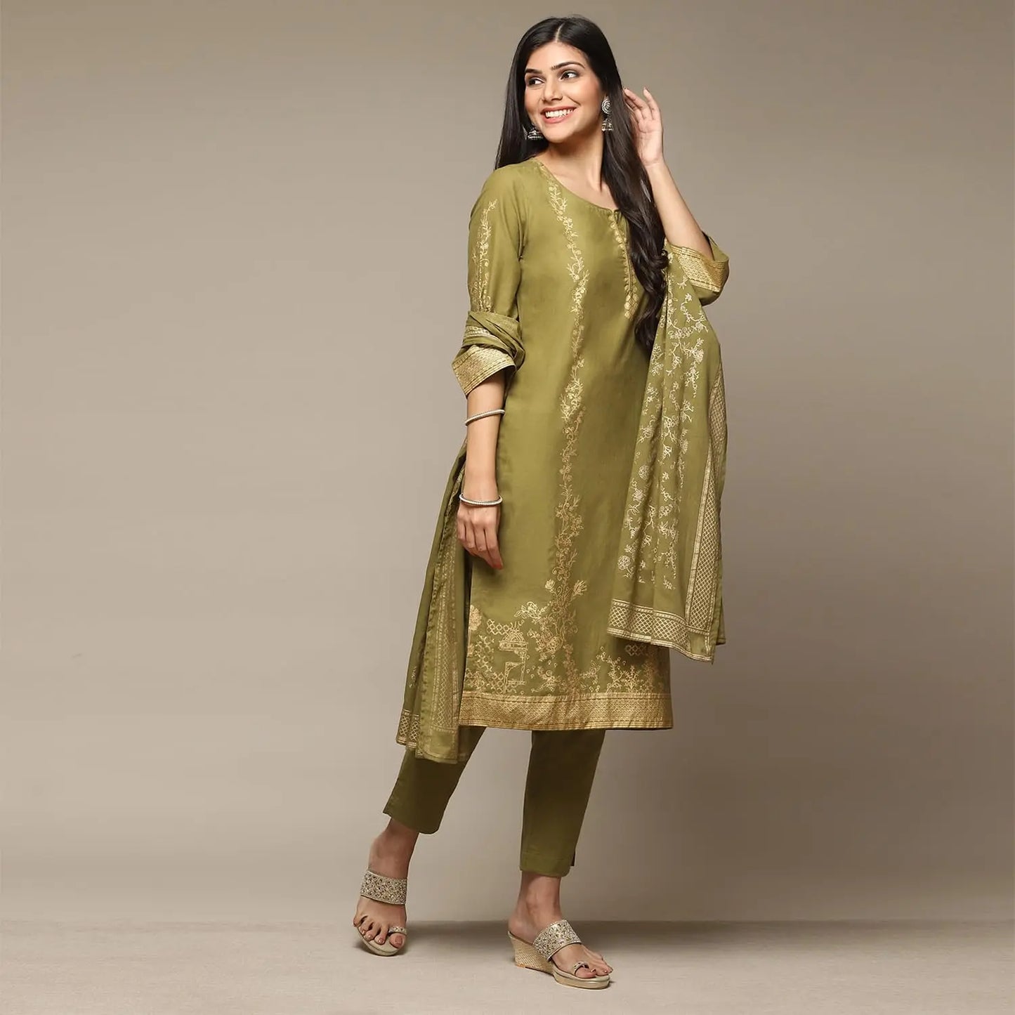 BIBA Womens Cotton Women Printed Salwar Kurta Suit Set(Skd7057E_Mehandi_38), Blue, X-Large SaumyasStore