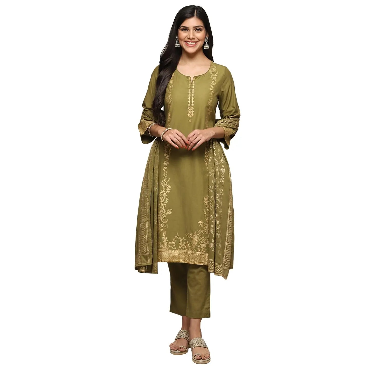 BIBA Womens Cotton Women Printed Salwar Kurta Suit Set(Skd7057E_Mehandi_38), Blue, X-Large SaumyasStore