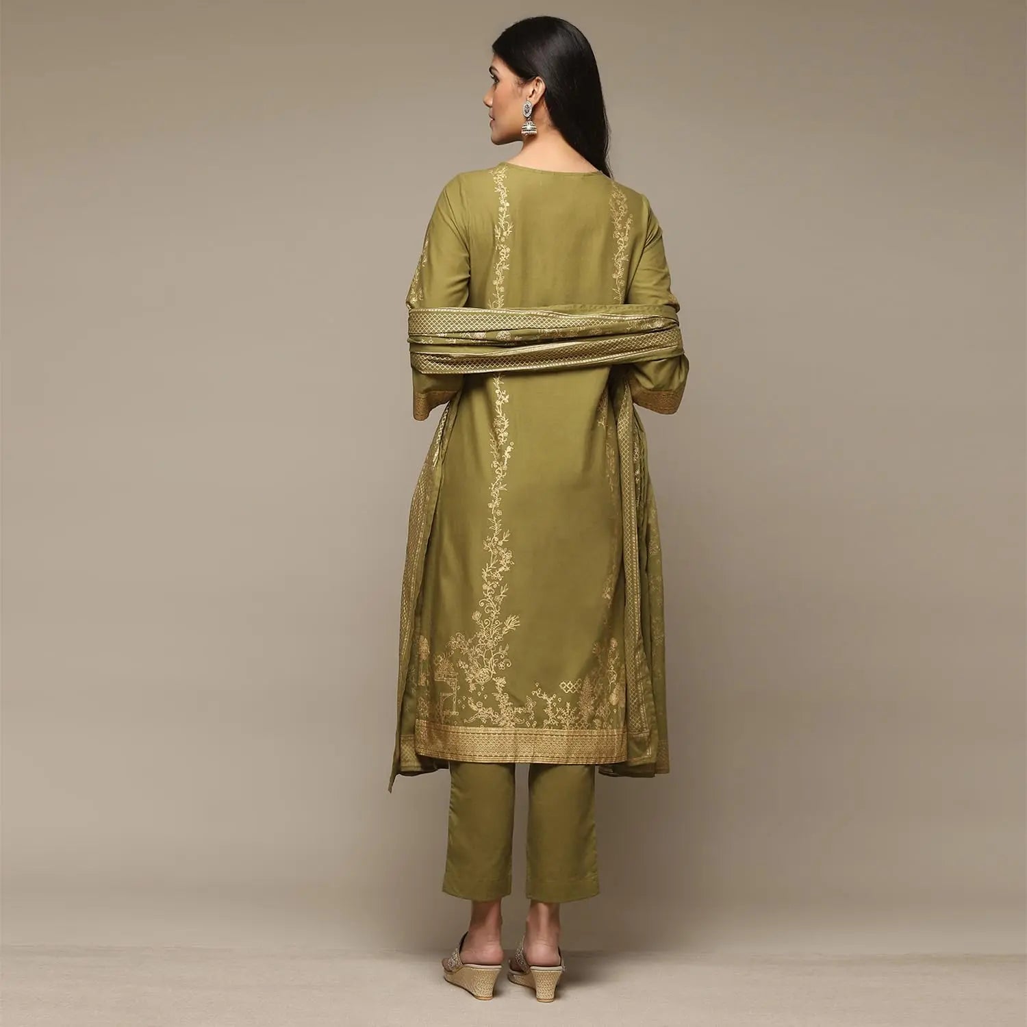 BIBA Womens Cotton Women Printed Salwar Kurta Suit Set(Skd7057E_Mehandi_38), Blue, X-Large SaumyasStore