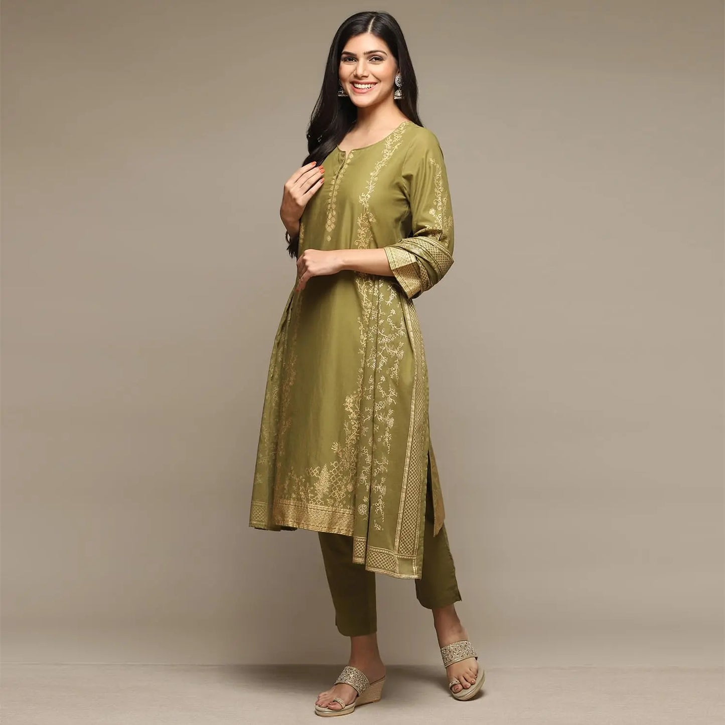 BIBA Womens Cotton Women Printed Salwar Kurta Suit Set(Skd7057E_Mehandi_38), Blue, X-Large SaumyasStore