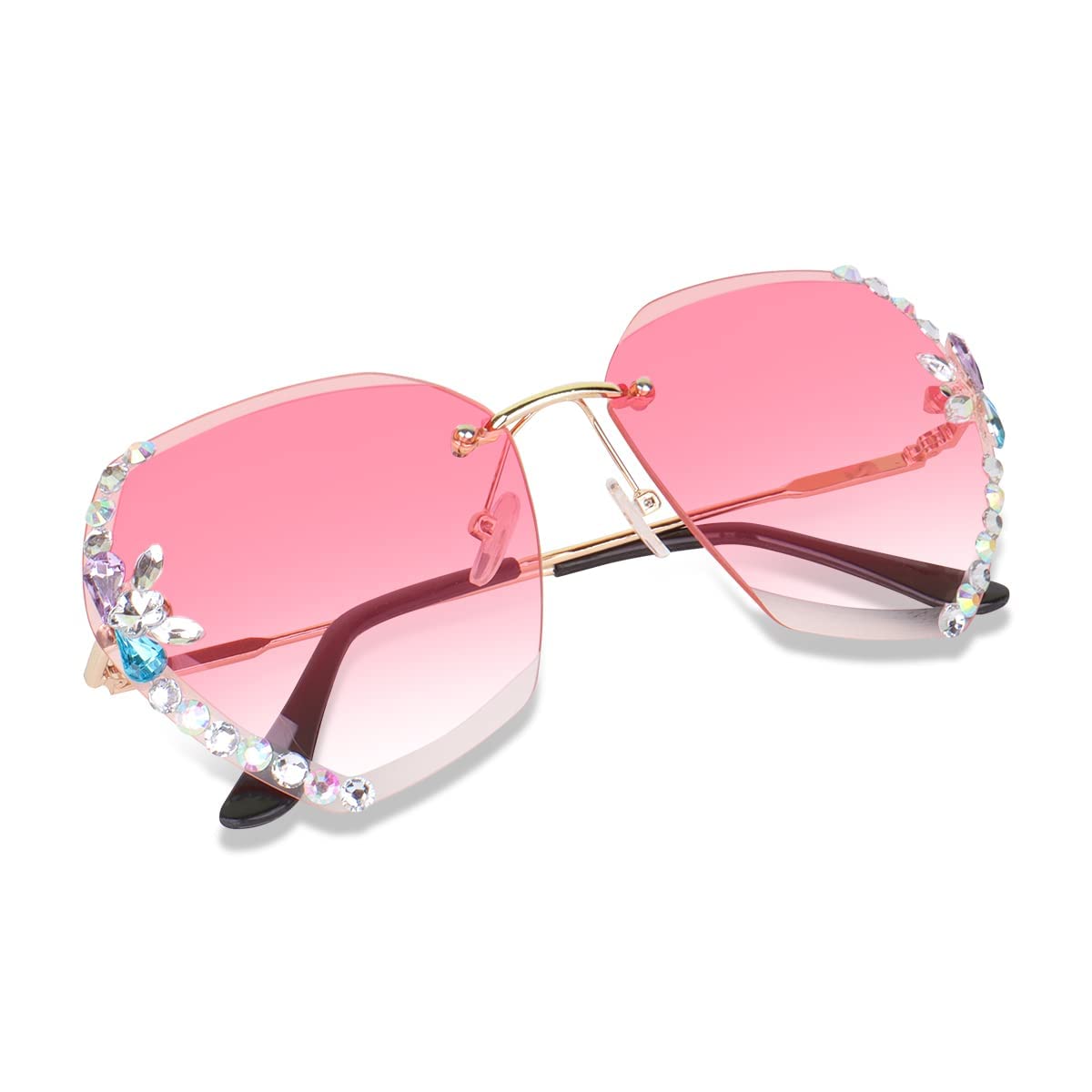 BLACK JONES UV400 Protective Sunglasses for Women Stylish with Glasses Cloth, Rimless Diamond Cutting Lens with Stone All color of Sunglasses for Driving Shades for Women. (Pink) 