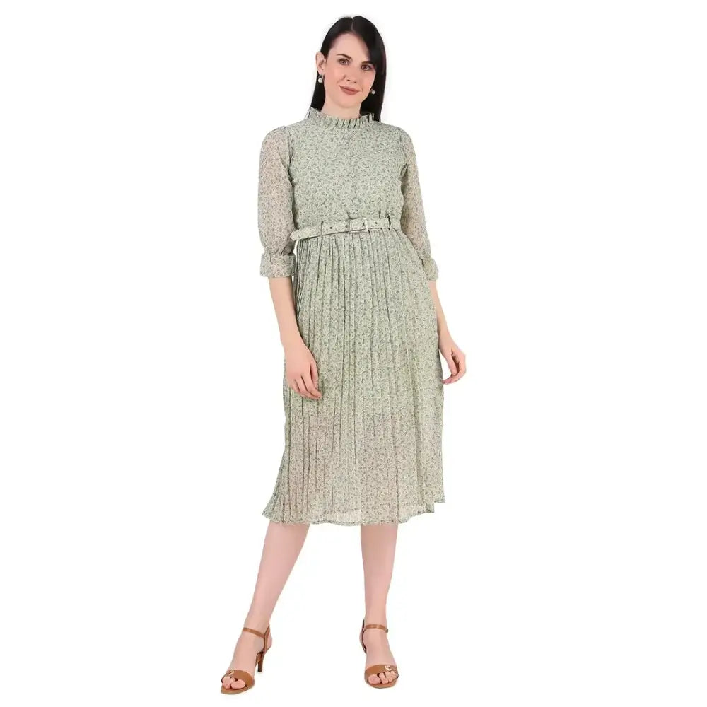 Baberwals Women's Floral Tunic Pleated Midi Dress (Light Green) 