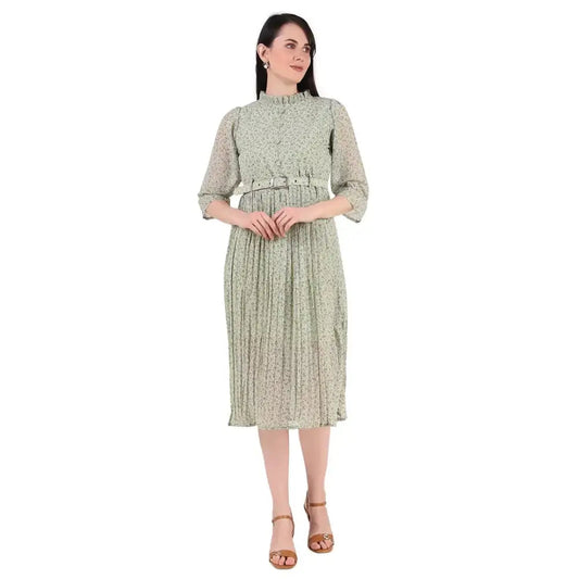 Baberwals Women's Floral Tunic Pleated Midi Dress (Light Green) 