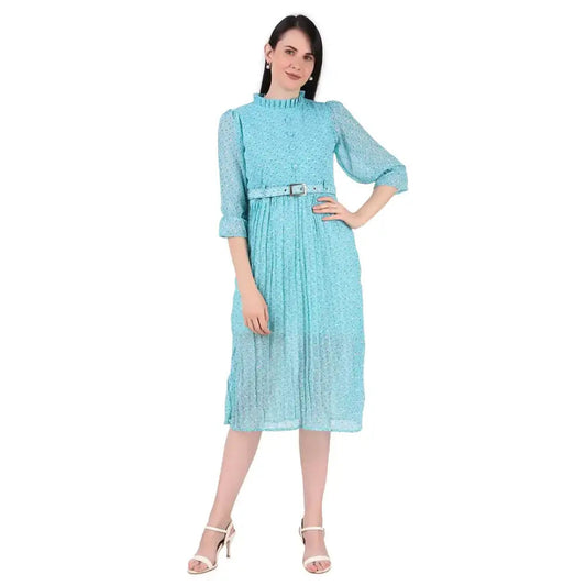 Baberwals Women's Floral Tunic Pleated Midi Dress (Sky Blue) 