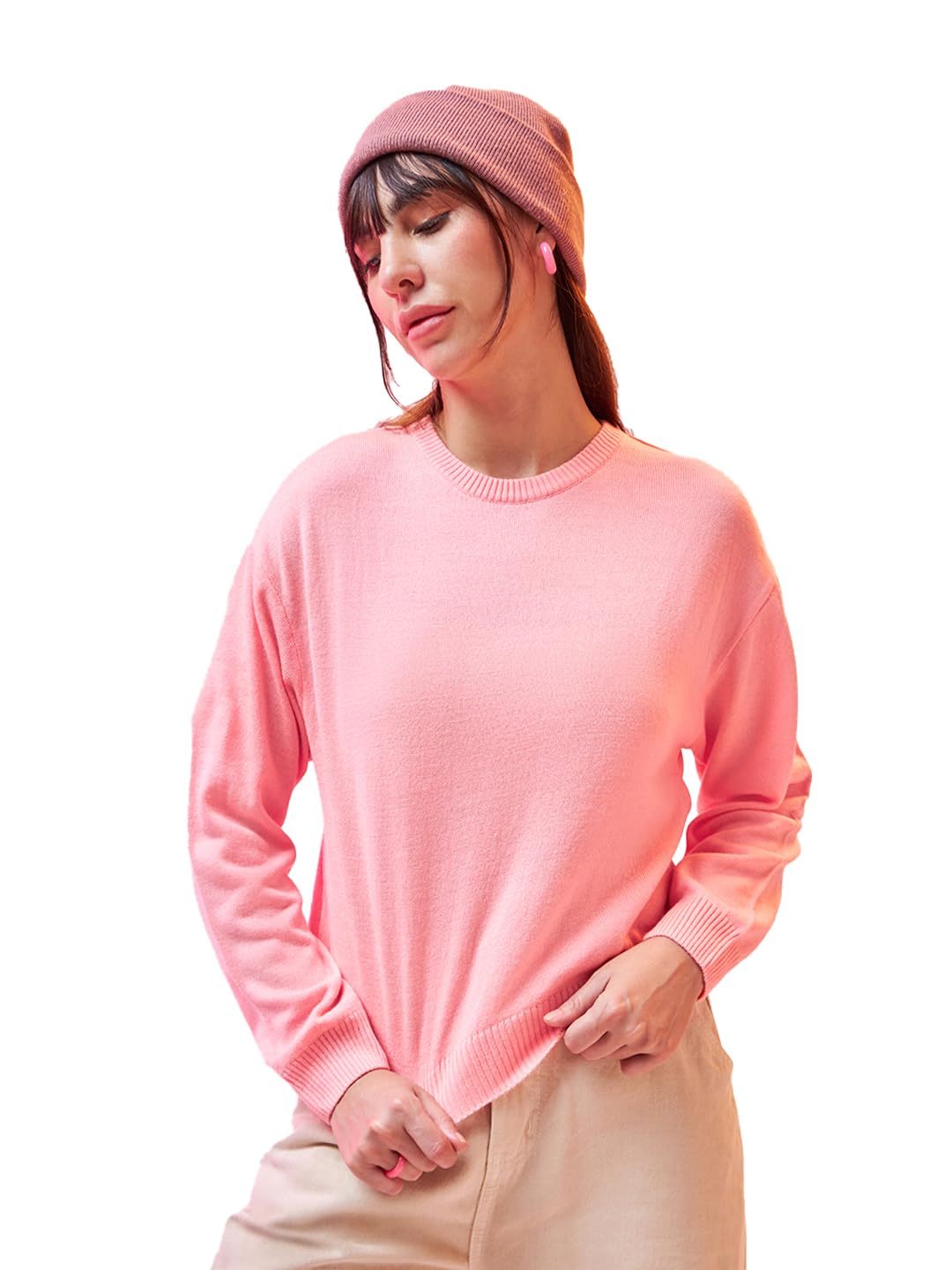 Bewakoof Women's Solid Oversized Sweater Pink 