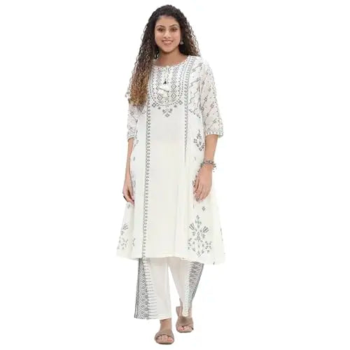 Biba Women's Cotton Kurta Set (SKDWBI10538SS25OWHT_Off White SaumyasStore