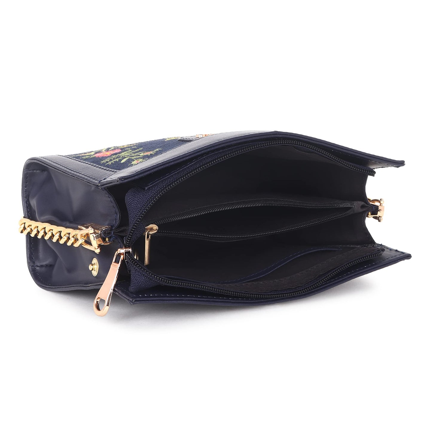 Black Spade Blue Embroidered Floral Mini Shoulder Bag Gold Chain Handle Party Sling Bag with Detachable Adjustable Strap, Zipper Closure 