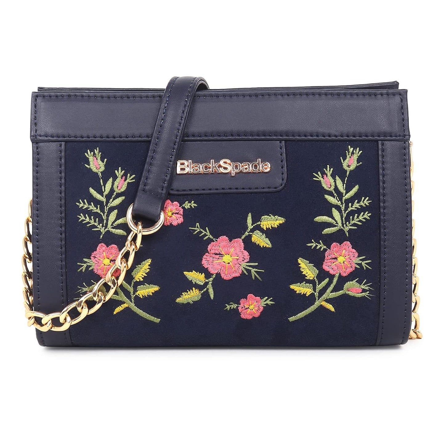 Black Spade Blue Embroidered Floral Mini Shoulder Bag Gold Chain Handle Party Sling Bag with Detachable Adjustable Strap, Zipper Closure 