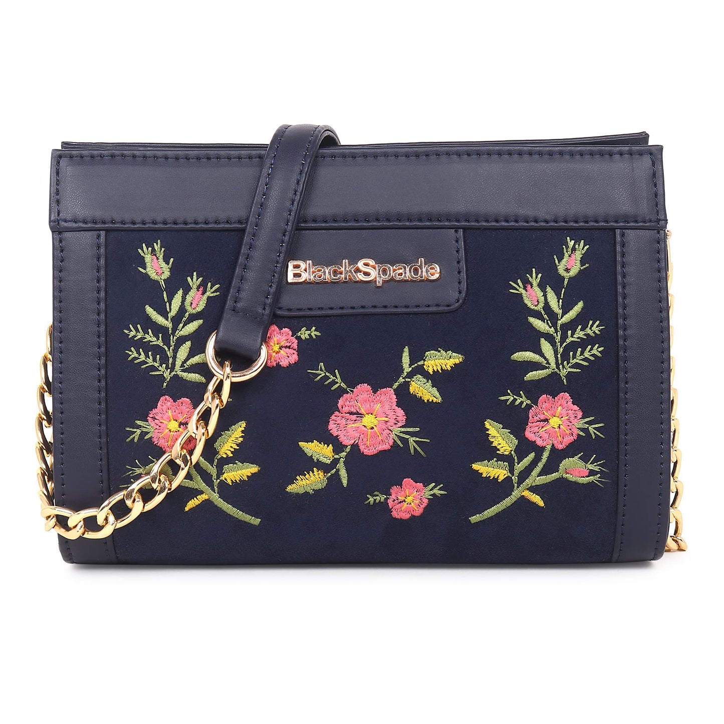 Black Spade Blue Embroidered Floral Mini Shoulder Bag Gold Chain Handle Party Sling Bag with Detachable Adjustable Strap, Zipper Closure 