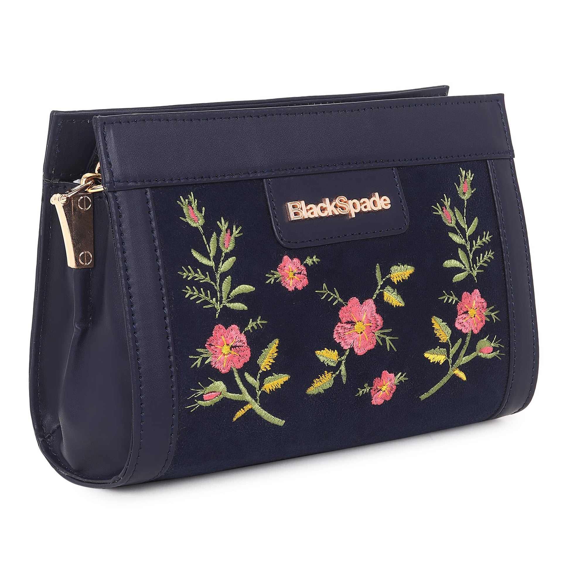 Black Spade Blue Embroidered Floral Mini Shoulder Bag Gold Chain Handle Party Sling Bag with Detachable Adjustable Strap, Zipper Closure 