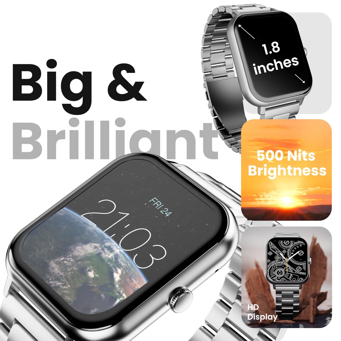 Boult Newly Launched Drift+ Smart Watch 1.85''HD Screen, Bluetooth Calling, IP68, 500 Nits Brightness,150+ Watchfaces, AI Voice Assistant, SpO2 Monitoring, 100+ Sports Mode Smartwatch (Chrome) SaumyasStore