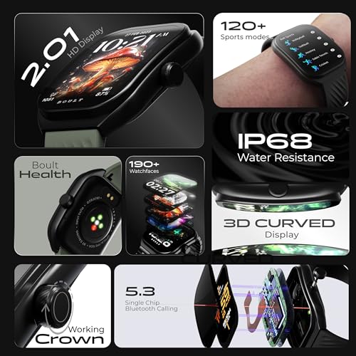 Boult Newly Launched Trail Smart Watch 2.01'' 3D Curved HD Display, BT Calling, Working Crown, 190+Watchfaces, 500 Nits Brightness, AI Voice Assistant, SpO2 Monitoring, 120+ Sports Mode (Jade Green) SaumyasStore