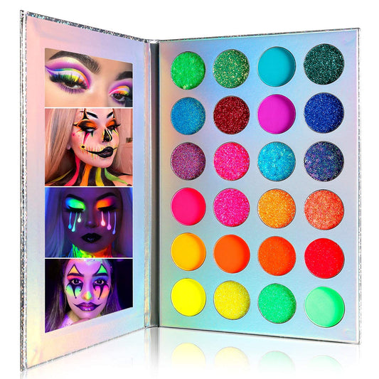 COSLUXE #DELANCI Neon Glitter Eyeshadow Palette Makeup, BlacKlight Highly Pigmented Palette Eye Shadow Pallets,Matte Bright Colorful Rainbow Blue Red Purple Pressed Glitter Makeup Palettes 