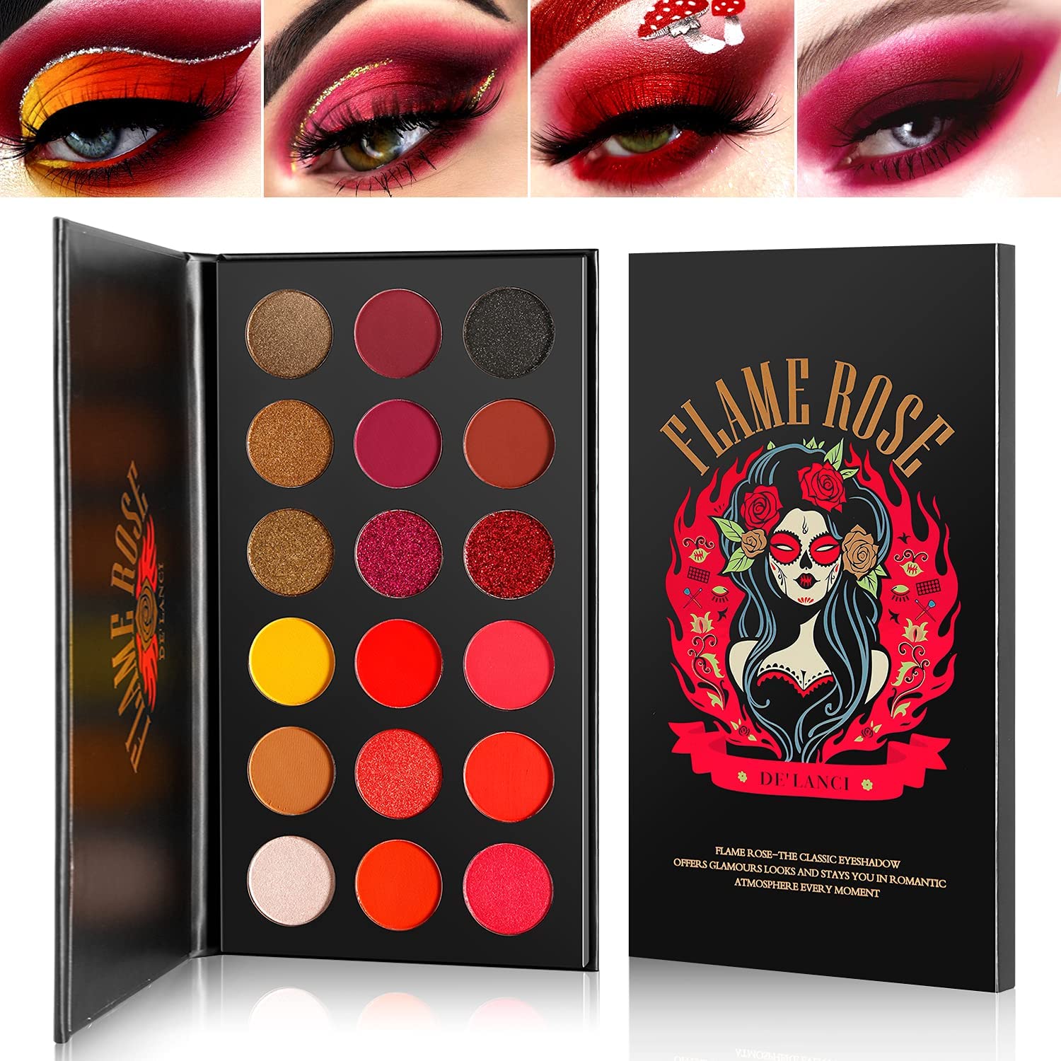 COSLUXE Red Eyeshadow Palette Highly Pigmented, DELANCI Long Lasting True Red Eye Shadow Halloween Makeup Pallet 18 Color,Waterproof Matte Shimmer Brown Black Yellow Sunset Warm Fall Eye Shades 
