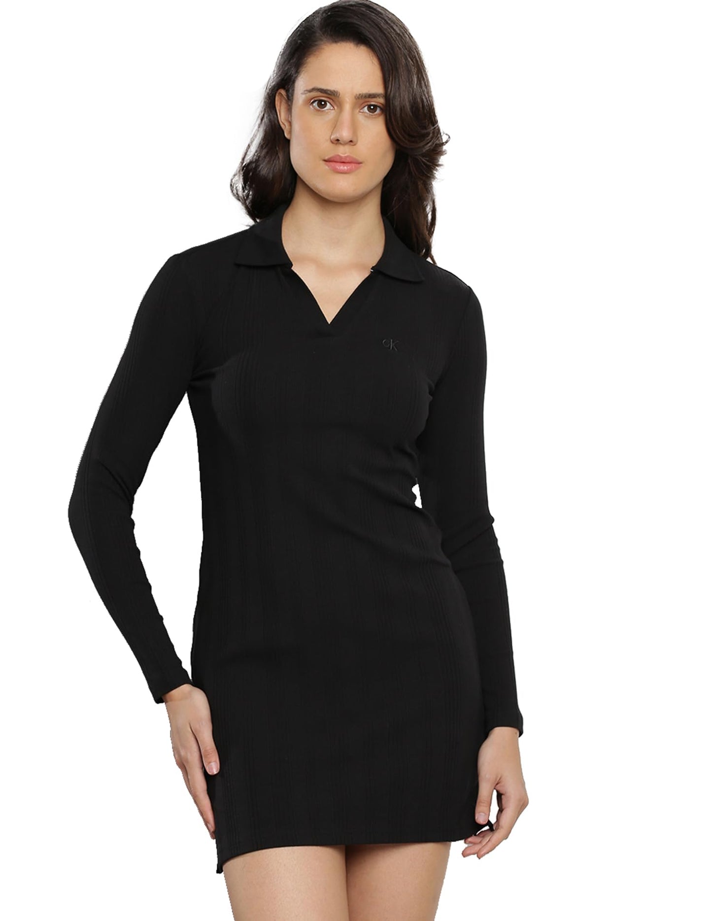 Calvin Klein Black Cotton Solid Women Dress Above The Knee Casual 