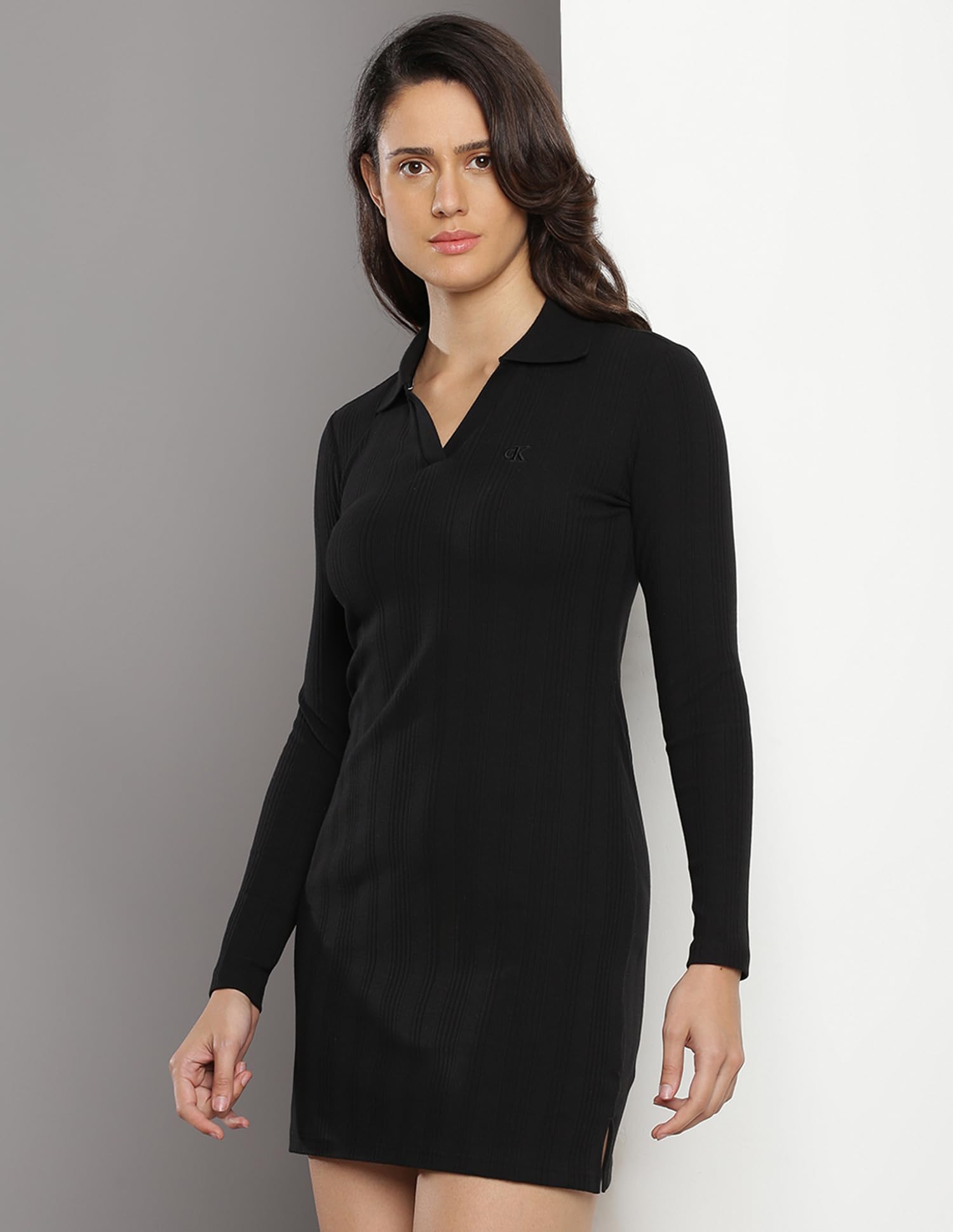 Calvin Klein Black Cotton Solid Women Dress Above The Knee Casual 