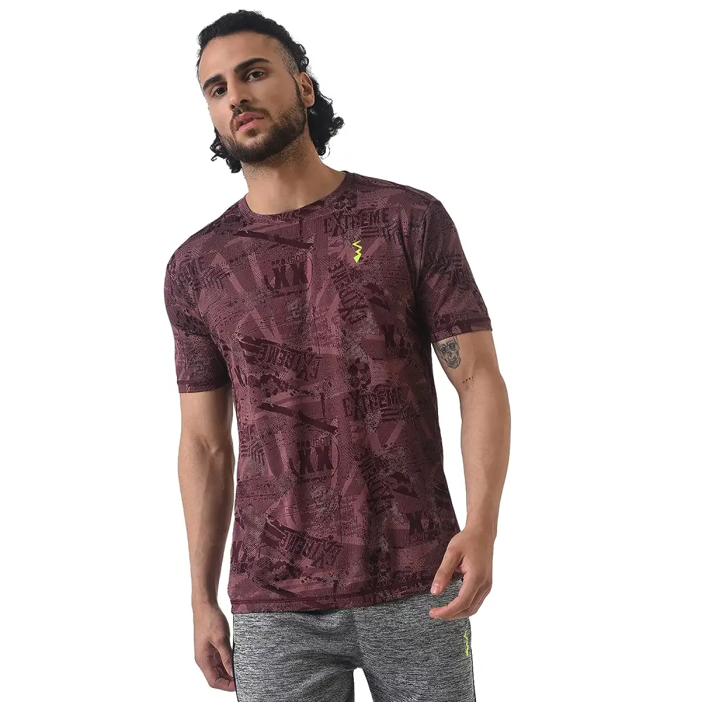 Campus Sutra Men's Maroon Dri-Fit Graphic Printed Half Sleeve Activewear T-Shirt Regular Fit for Casual Wear | Modern Clothing T-Shirt Crafted with Comfort Fit and High-Performance for Everyday Wear 