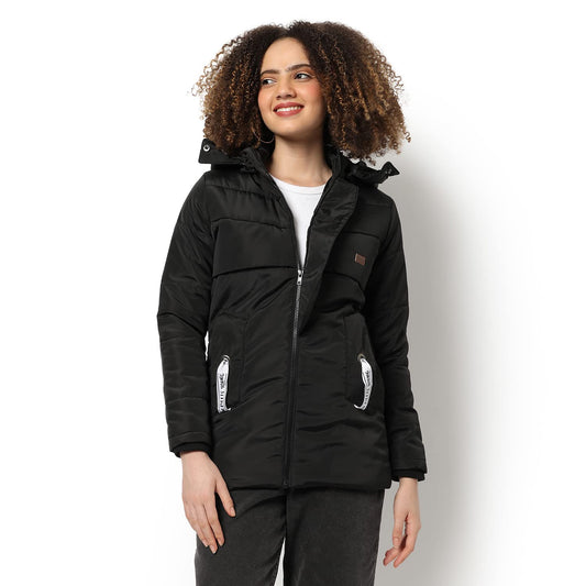 Campus Sutra Women Black Hooded Puffer Regular Fit Bomber Jacket For Winter Wear 