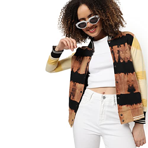 Campus Sutra Women Yellow & Beige Tie-Dye Regular Fit Cotton Jacket For Winter Wear | Full Sleeve | Buttoned | Casual Jacket For Woman & Girl 